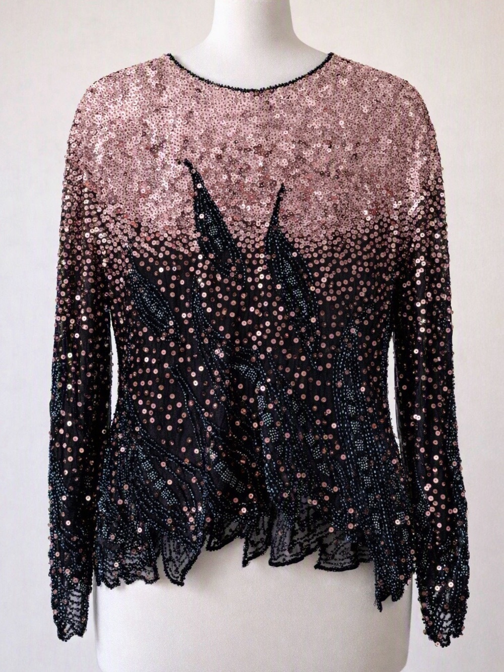 Fairlady Vintage 100% Silk Beaded Sequins Peacock Ombre Scalloped Top
